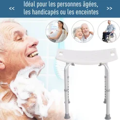 Siège de douche réglable en hauteur tabouret de douche ergonomique pieds antidérapants charge max. 136 Kg alu HDPE blanc