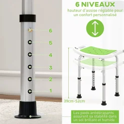 Siège de douche réglable en hauteur tabouret de douche ergonomique pieds antidérapants charge max. 135 Kg alu HDPE blanc vert