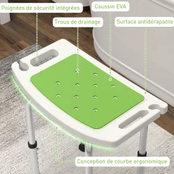 Siège de douche réglable en hauteur tabouret de douche ergonomique pieds antidérapants charge max. 135 Kg alu HDPE blanc vert