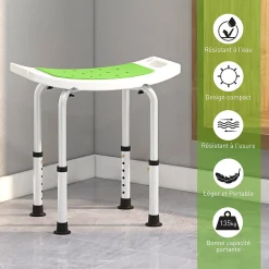 Siège de douche réglable en hauteur tabouret de douche ergonomique pieds antidérapants charge max. 135 Kg alu HDPE blanc vert