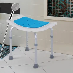 Siège de douche réglable en hauteur tabouret de douche ergonomique pieds antidérapants charge max. 135 Kg alu HDPE blanc bleu