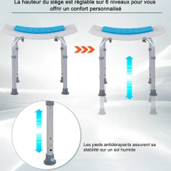 Siège de douche réglable en hauteur tabouret de douche ergonomique pieds antidérapants charge max. 135 Kg alu HDPE blanc bleu