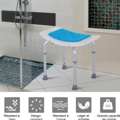 Siège de douche réglable en hauteur tabouret de douche ergonomique pieds antidérapants charge max. 135 Kg alu HDPE blanc bleu