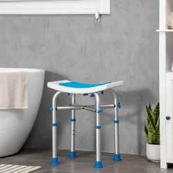 Siège de douche réglable en hauteur tabouret de douche ergonomique pieds antidérapants charge max. 150 Kg alu HDPE blanc bleu