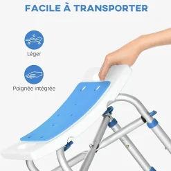 Siège de douche réglable en hauteur tabouret de douche ergonomique pieds antidérapants charge max. 150 Kg alu HDPE blanc bleu