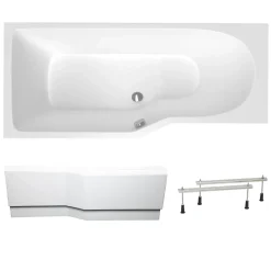 Siko 160x80 cm Beata Plus baignoire bain/douche asymétrique en acrylique, droite + tablier 160 cm + pieds, blanc