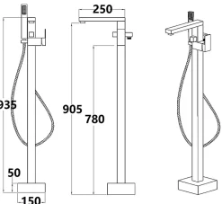 Silla élégant Robinet de Baignoire sur pied avec inverseur et bec rotatif avec douchette et flexible, Doré