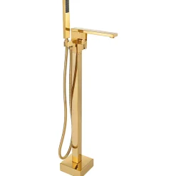 Silla élégant Robinet de Baignoire sur pied avec inverseur et bec rotatif avec douchette et flexible, Doré