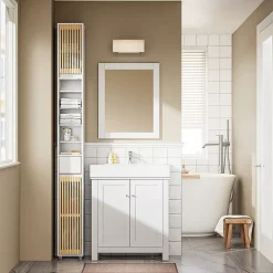 SoBuy Colonne d'Armoire pour Salle de Bain avec 6 Étagères Réglables, Blanche, 20x20x180 cm, BZR34-BW