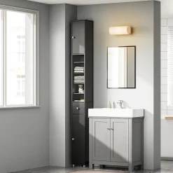 SoBuy Colonne de salle de bain étanche avec étagères et tiroirs réglables, MDF noir