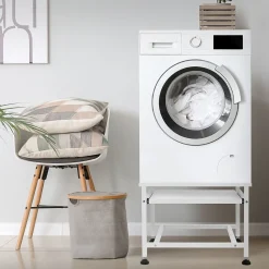 Socle de machine à laver avec étagère extensible base sèche-linge en acier blanc
