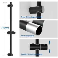 SOFETIY MAX Barre de douche en acier inoxydable - Kit complet avec coulisseau rond et fixations chromées