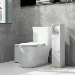 Support papier toilette - armoire pour papier toilette - porte, 2 étagères, sortie papier blanc bois clair