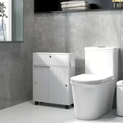 Support papier toilette sur roulettes - armoire papier toilette - 2 portes coulissantes, étagère, 2 compartiments fermés - blanc