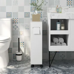 Support papier toilette sur roulettes - armoire papier toilette - 2 portes coulissantes, étagère, 2 compartiments fermés - blanc