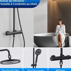 Système de Douche avec Filtre et Thermostat Noir avec Douchette à Main à 3 Types de Jets et Douche de Tête de 25 cm