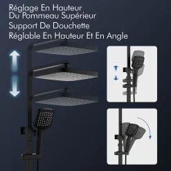 Système de Douche avec Thermostat et Tablette de Douche Noir - Ensemble Complet de Robinetterie de Douche