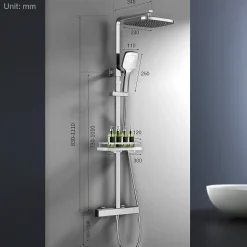 Système de Douche avec Thermostat et Tablette de Douche Chromée, Ensemble Complet de Robinetterie de Douche