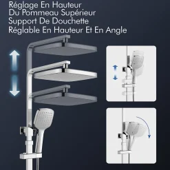 Système de Douche avec Thermostat et Tablette de Douche Chromée, Ensemble Complet de Robinetterie de Douche