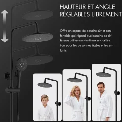 Système de Douche avec Thermostat et Tablette de Douche Ensemble de Douche Complet Noir avec Pomme de Douche Ronde Effet Pluie