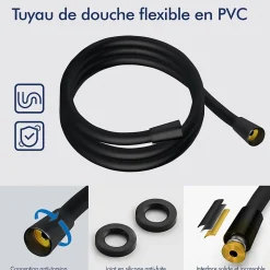 Système de Douche avec Thermostat et Tablette de Douche Ensemble de Douche Complet Noir avec Pomme de Douche Ronde Effet Pluie