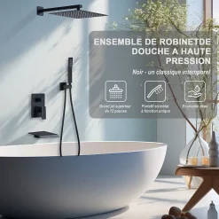 Système de Douche Encastrable Noir avec Grande Tête de Douche Carrée 12