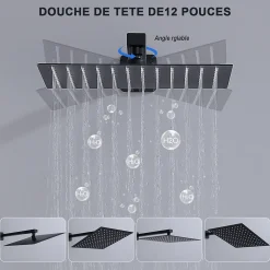 Système de Douche Encastrable Noir avec Grande Tête de Douche Carrée 12