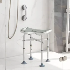 Tabouret de douche - siège de douche avec barre d'appui ventouse - hauteur réglable - alu HDPE gris blanc