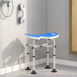 Tabouret de douche - siège de douche avec barre d'appui ventouse - hauteur réglable - alu HDPE bleu blanc