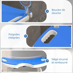 Tabouret de douche - siège de douche avec barre d'appui ventouse - hauteur réglable - alu HDPE bleu blanc