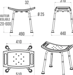 Tabouret de douche avec poignées, hauteur réglable, blanc, Godonnier