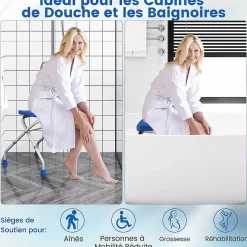 Tabouret de Douche, Banc de Douche avec Poignées, Charge 150 kg, pour Personnes Âgées, Handicapées, Enceintes, Bleu