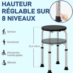 Tabouret de douche réglable en hauteur siège de douche ergonomique pieds antidérapants charge max. 136 Kg alu HDPE noir