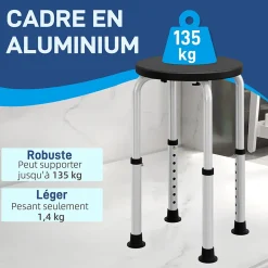 Tabouret de douche réglable en hauteur siège de douche ergonomique pieds antidérapants charge max. 136 Kg alu HDPE noir