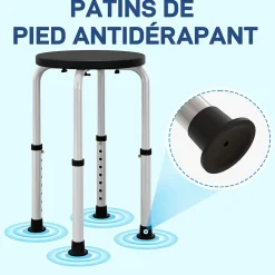 Tabouret de douche réglable en hauteur siège de douche ergonomique pieds antidérapants charge max. 136 Kg alu HDPE noir