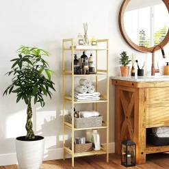 Étagère autoportante salle de bain 5 niveaux en bambou, étagères réglables, meuble rangement salon ou cuisine 43,5x31,5x142 cm