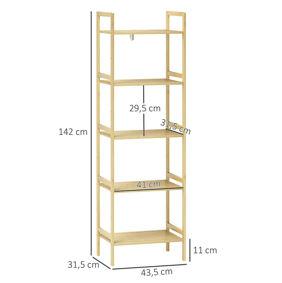Étagère autoportante salle de bain 5 niveaux en bambou, étagères réglables, meuble rangement salon ou cuisine 43,5x31,5x142 cm