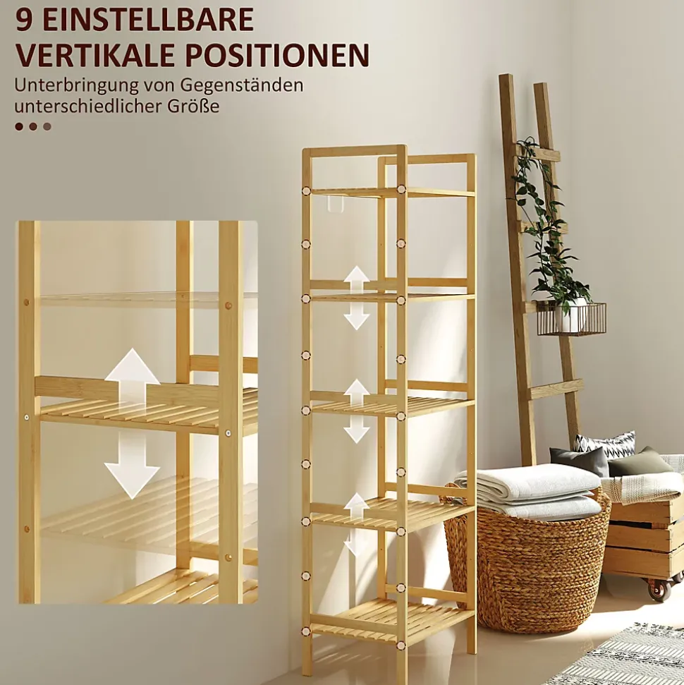 Étagère autoportante salle de bain 5 niveaux en bambou, étagères réglables, meuble rangement salon ou cuisine 43,5x31,5x142 cm