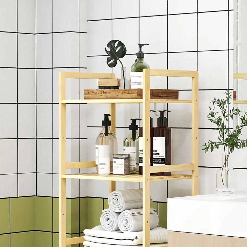 Étagère autoportante salle de bain 5 niveaux en bambou, étagères réglables, meuble rangement salon ou cuisine 43,5x31,5x142 cm
