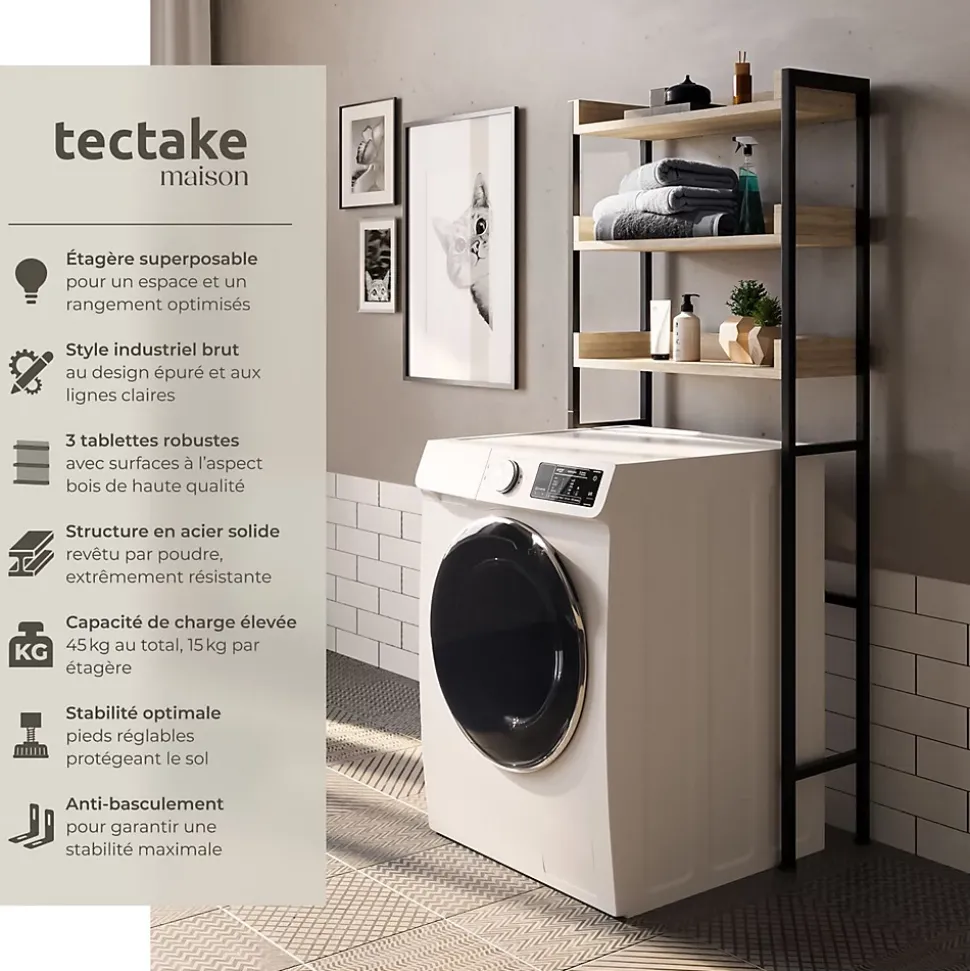 Étagère de salle de bain avec 3 étagères Style industriel Bois clair