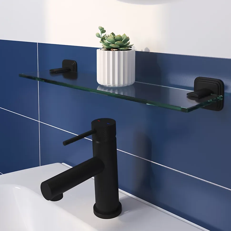 Étagère de salle de bain en verre et acier inoxydable noir H.40 cm Teesta GoodHome