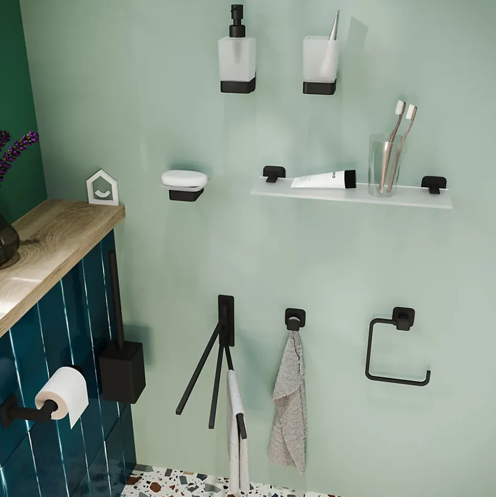 Étagère de salle de bain en verre et acier inoxydable noir H.40 cm Teesta GoodHome