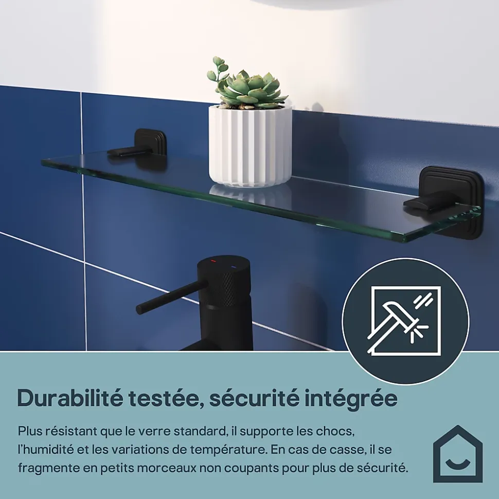 Étagère de salle de bain en verre et acier inoxydable noir H.40 cm Teesta GoodHome