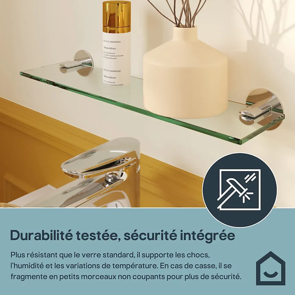 Étagère de salle de bain en verre et acier inoxydable chromé H.40 cm Cavally GoodHome