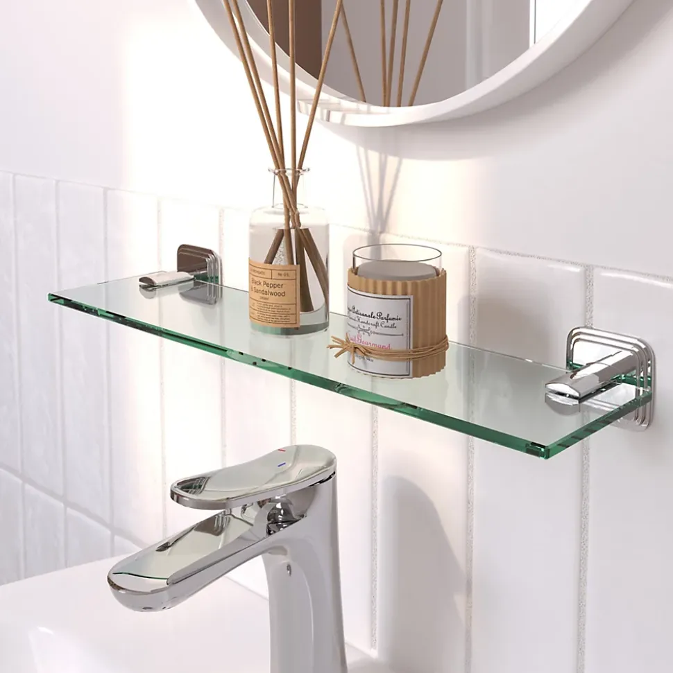 Étagère de salle de bain en verre et acier inoxydable chromé H.40 cm Teesta GoodHome