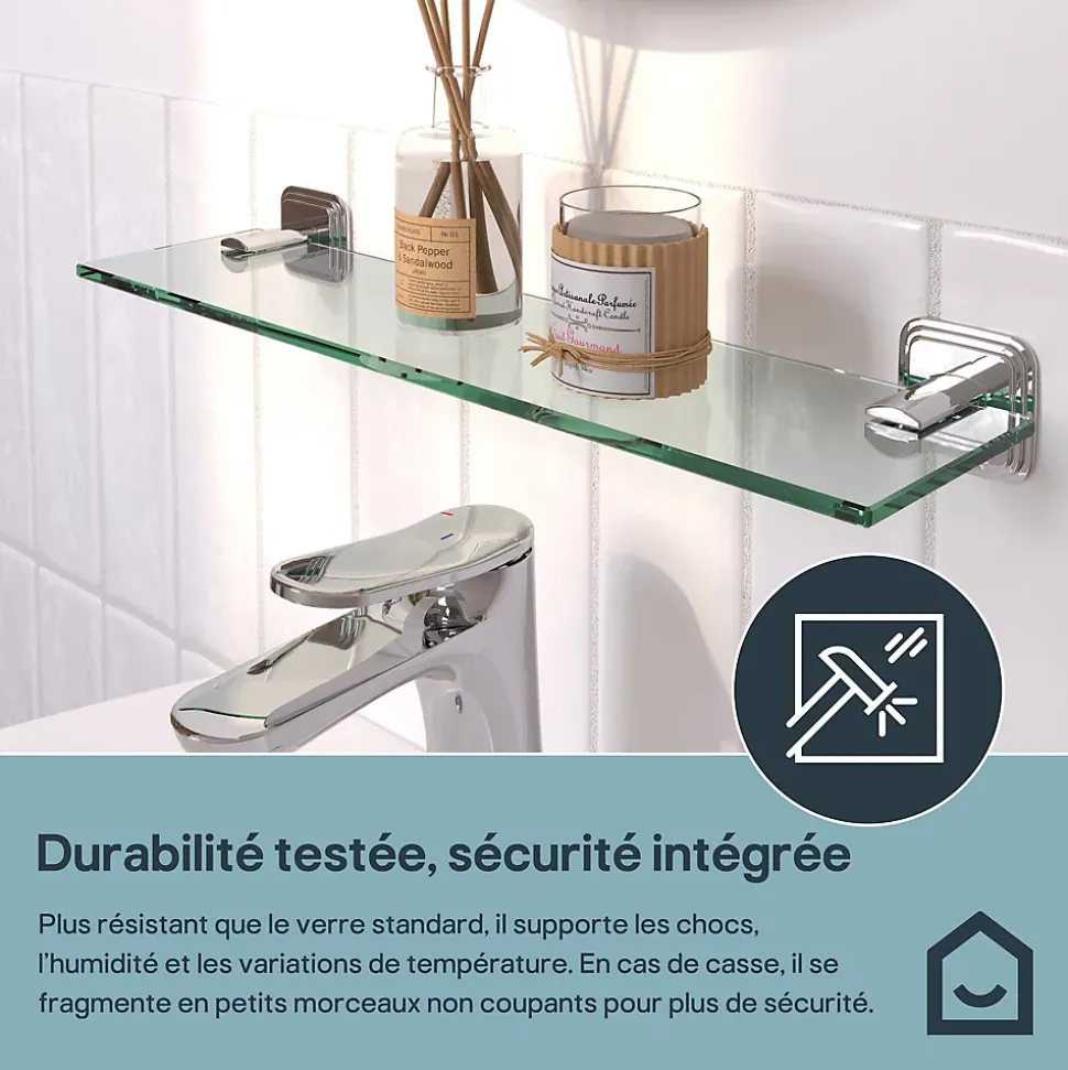 Étagère de salle de bain en verre et acier inoxydable chromé H.40 cm Teesta GoodHome