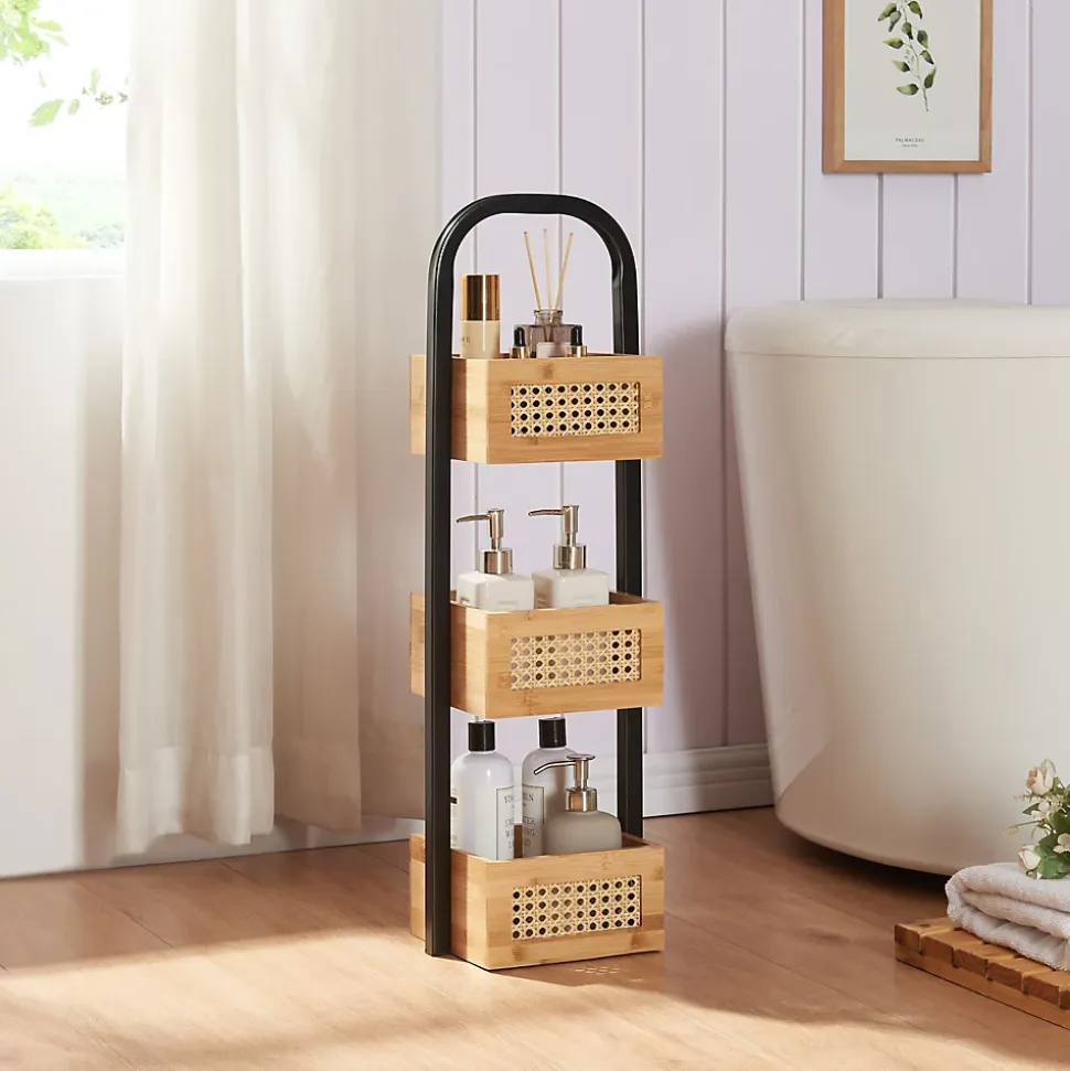 Étagère de salle de bain Tervola 73x23x18,5cm noir naturel aspect rotin en.casa