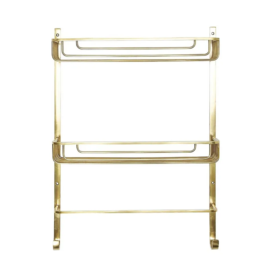 Étagère Murale 2 Niveaux avec Porte-Serviettes en Laiton Dorée - L42 x H56cm