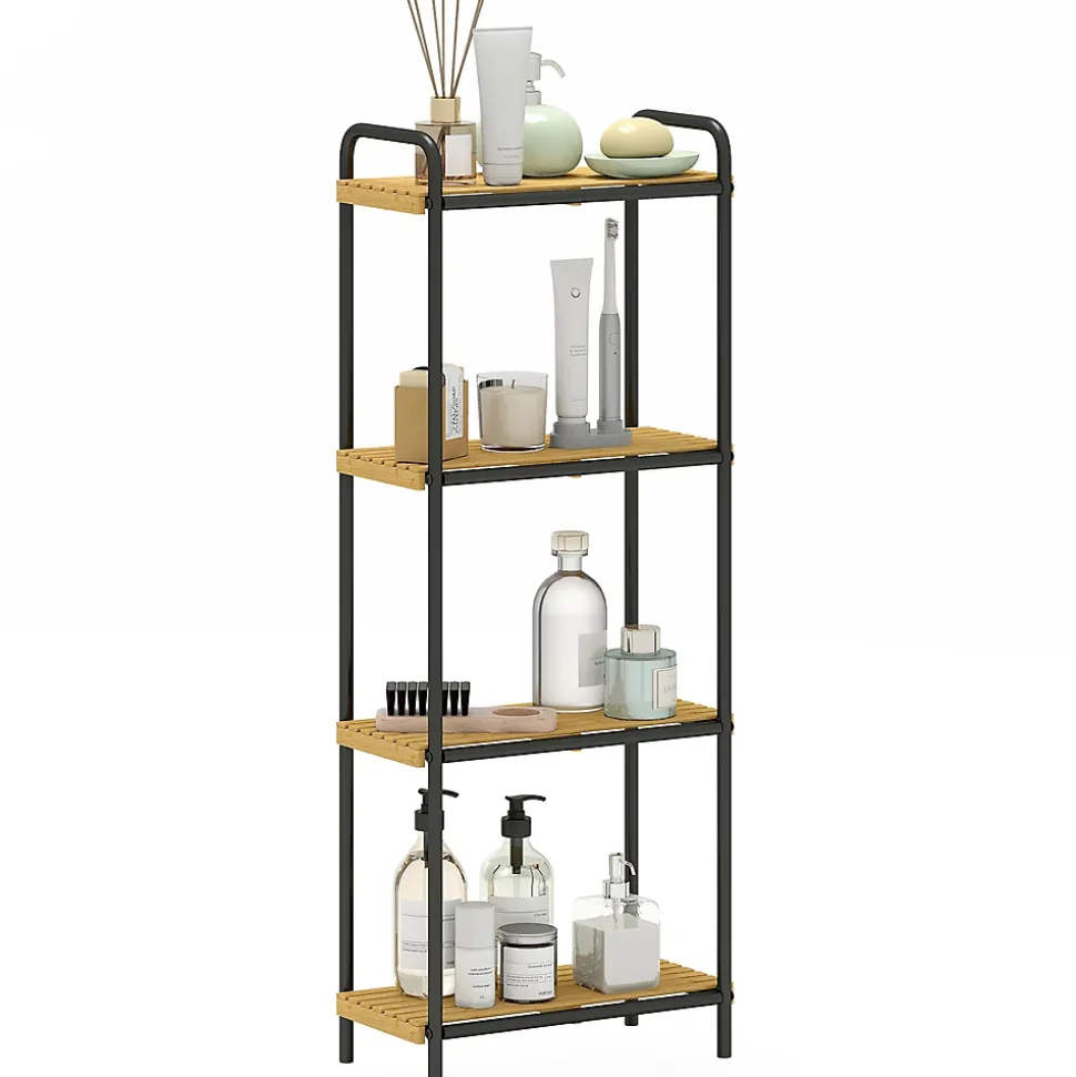 Étagère salle de bain bambou verni 4 niveaux autoportante cadre acier noir