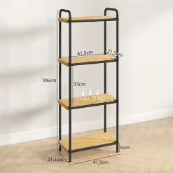 Étagère salle de bain bambou verni 4 niveaux autoportante cadre acier noir